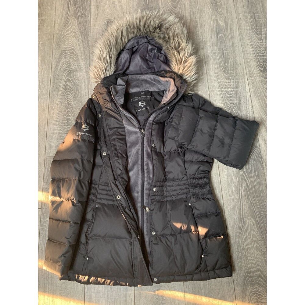 Power Down Series Free Country Coat Womens Med Gray‎ Lined Hooded Ski Pockets